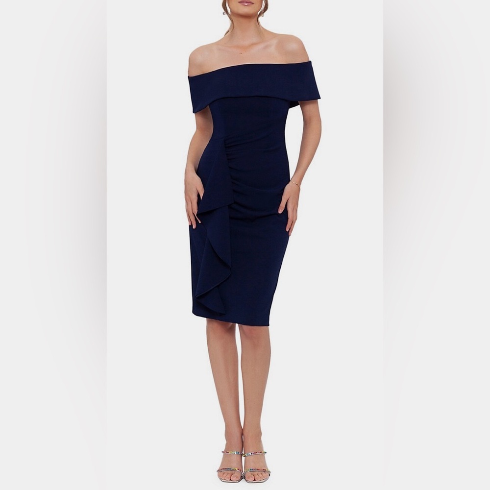 Xscape Off-Shoulder Ruffled Crepe Sheath Dress